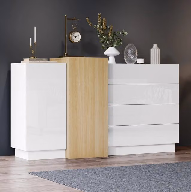 Sideboard bianco lucido con 4 cassetti e 2 ante, design minimalista con dettagli in legno, 140x35x76,5 cm