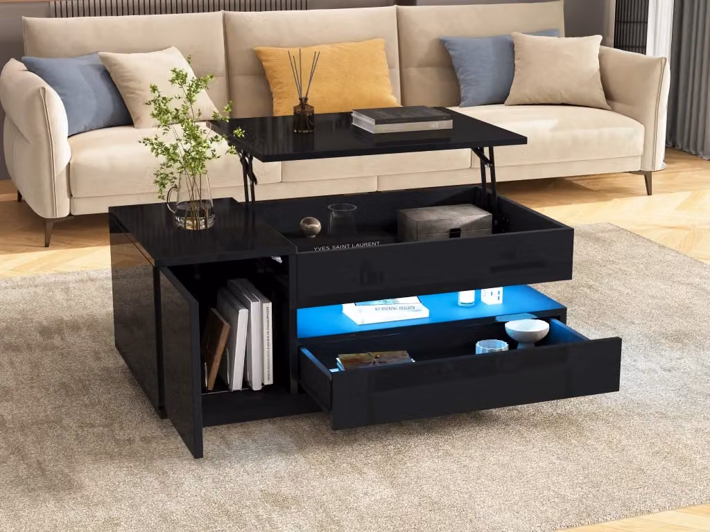 Tavolino basso alzabile Mivray con LED RGB, cassetto e vano chiuso in MDF nero lucido, L: 95 cm, P: 50 cm, H: 40 cm – 2