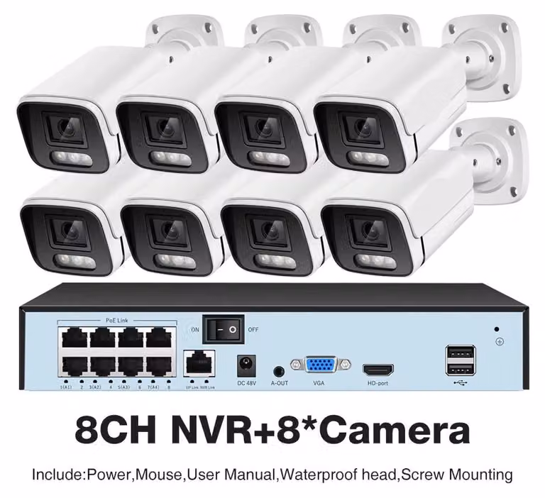 Sistema di videosorveglianza con 8 telecamere, videoregistratore NVR a 8 canali, hard disk da 1TB e visione notturna