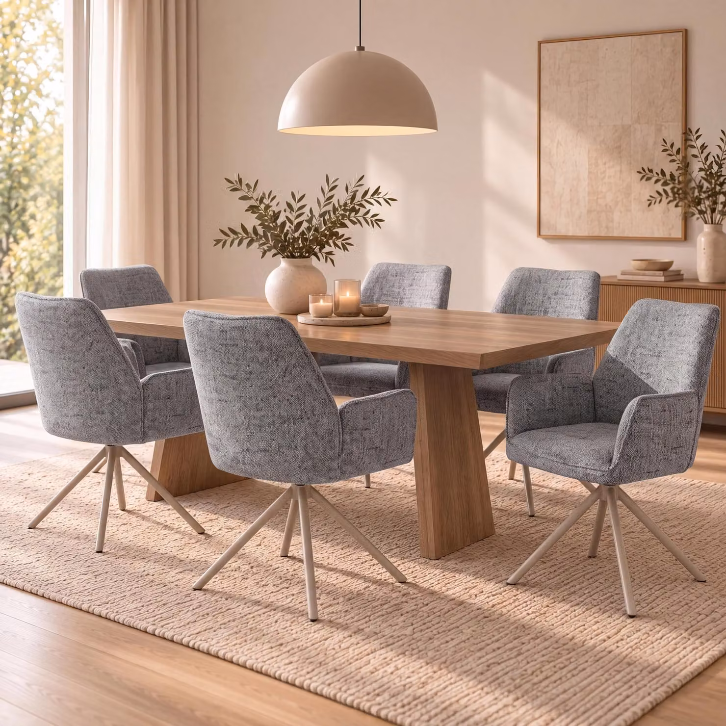Set di 6 sedie da pranzo modello HWC-G67, girevoli, con meccanismo di auto-regolazione, rivestite in tessuto chenille (410g/m²), struttura color crema, tessuto color grigio chiaro