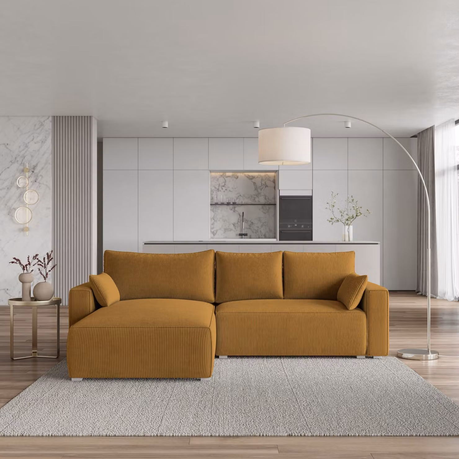 Divano angolare Masseno FORIL P con funzione letto a L, divano con contenitore, divano da soggiorno, divano, divano, divano letto, set di divani - giallo, POSO 01
