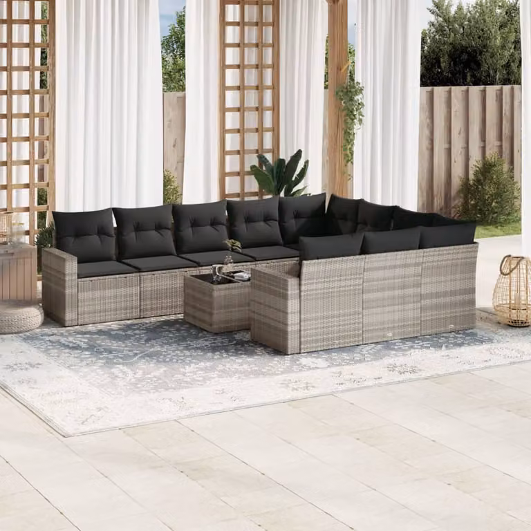 vidaXL Set Divani da Giardino 11 pz in Polyrattan Grigio con Cuscini e Tavolino