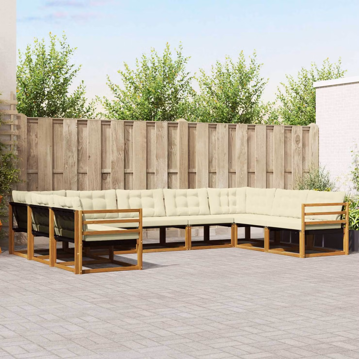 Set di divani da esterno vidaXL a forma di U in legno di acacia con cuscini, 9 pezzi, Beige e Bianco