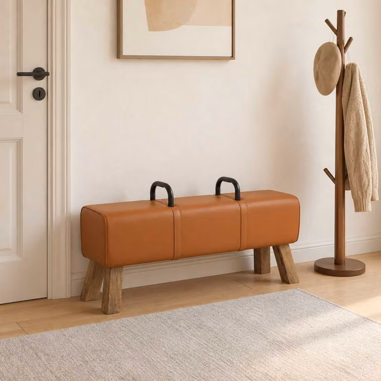 Panchina moderna vidaXL in pelle e legno color mango, L: 110 cm, P: 30 cm, H: 45 cm