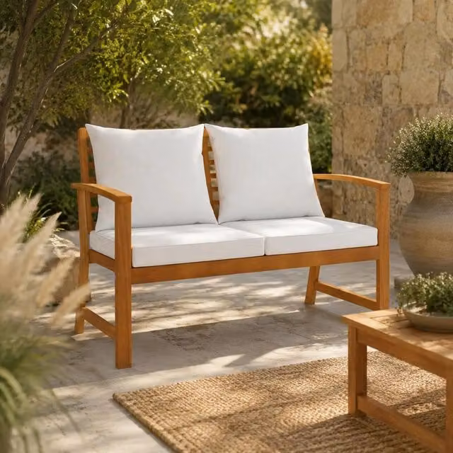 Garden Bench 120 Cm With Cream-white Cushions, Solid Acacia Wood