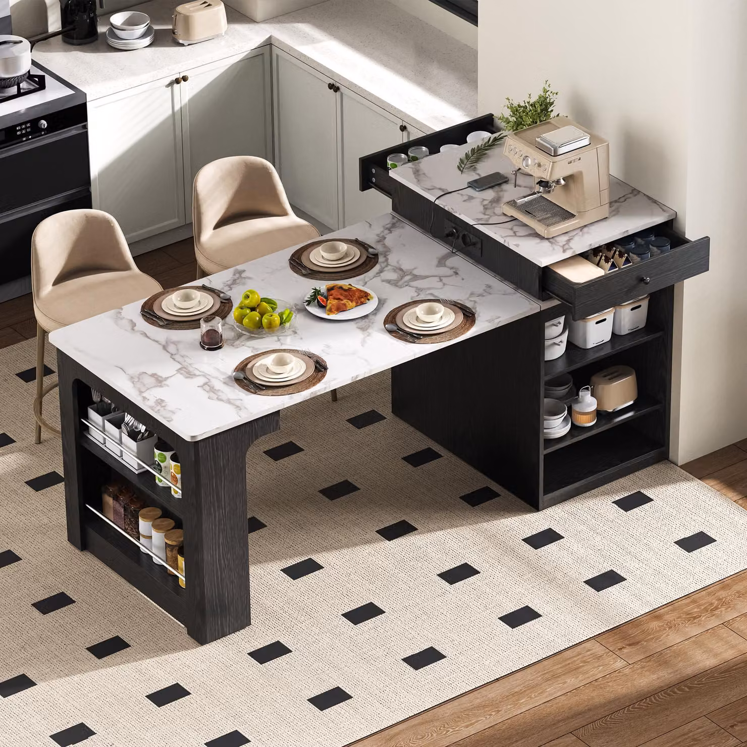 Isola da cucina STILVORA con ruote, tavolo da pranzo estendibile con piano removibile, bancone con prese elettriche, carrello da cucina per cucina e sala da pranzo, colore nero