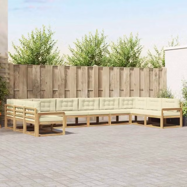 Set di divani da esterno a forma di U vidaXL in legno di acacia con cuscini bianchi e beige