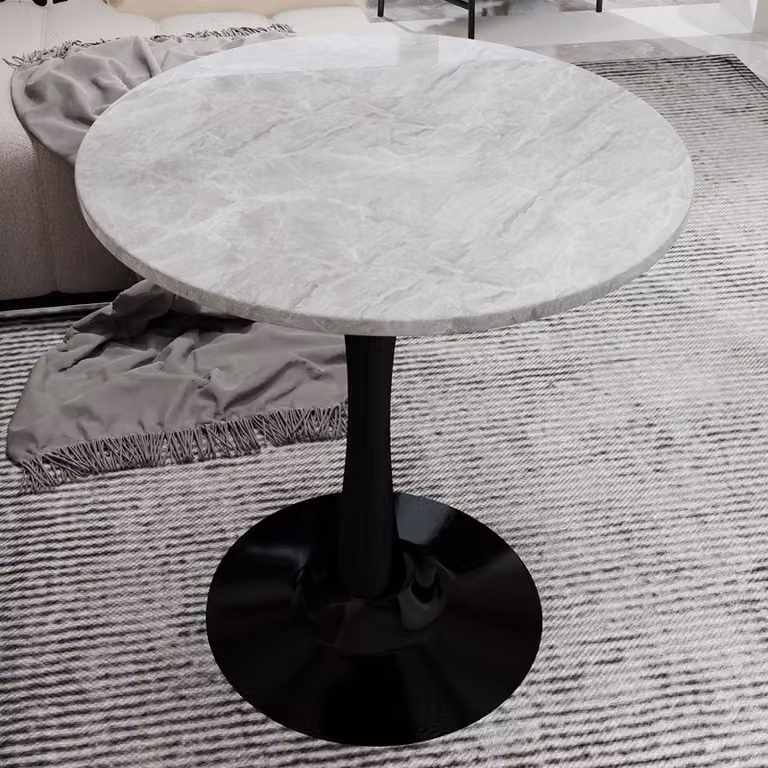 MODFU Tavolino da caffè in stile Mid-Century-Modern, Tavolino da salotto con piano rotondo in marmo (diametro 70 cm), Tavolino da divano con gambe alte e design rotondo, Nero + Grigio