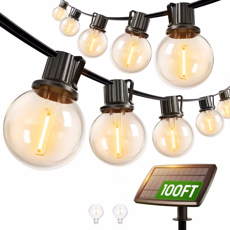 Catena luminosa solare G40, 30 metri, 50 LED, luce bianco caldo, grado di protezione IP65, 4 modalità