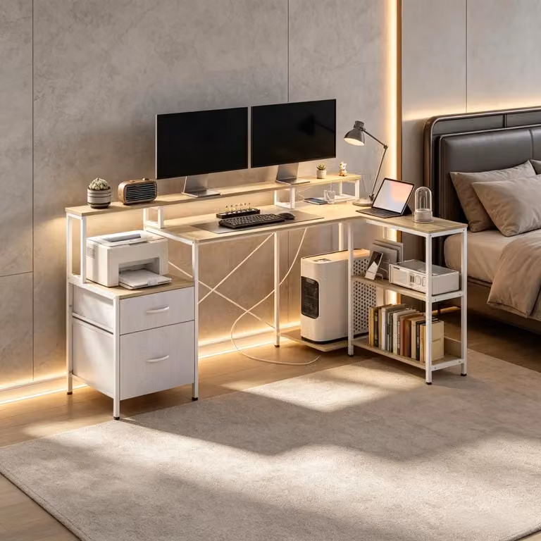Scrivania angolare moderna REDOM in bianco con struttura a X e finitura opaca