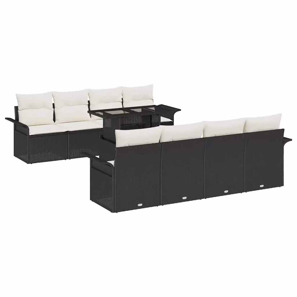 Set Divano da Giardino vidaXL 9 Pezzi in Polyrattan Nero con Cuscini Beige e Tavolino – 2