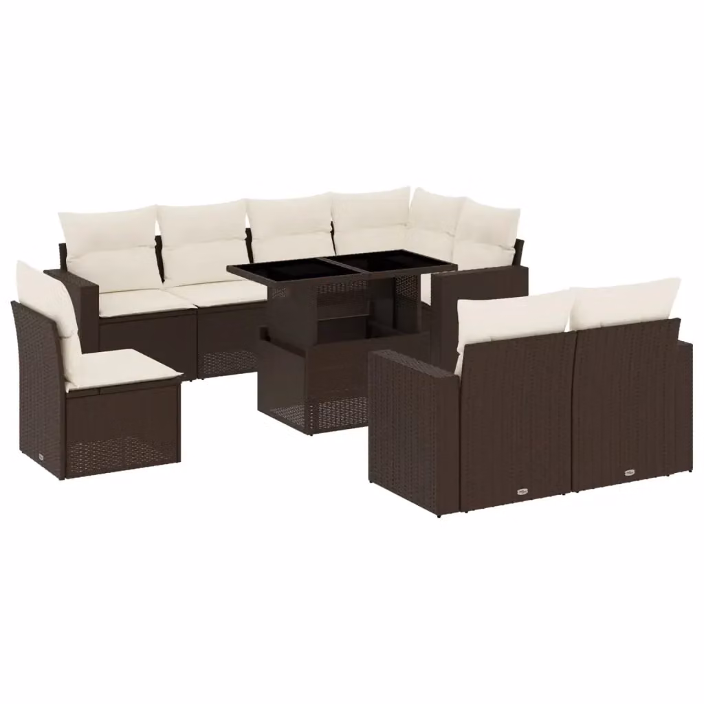 Set di Divani da Giardino a L vidaXL in Polyrattan Marrone con Cuscini Bianchi e Tavolino da Esterno – 2
