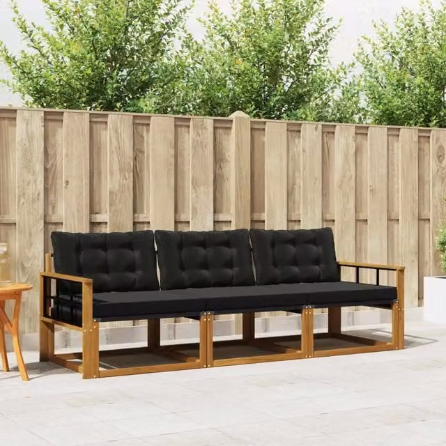 Set di divani da esterno 3 posti vidaXL in legno di acacia e textilene, colore marrone e nero, con cuscini inclusi – 1