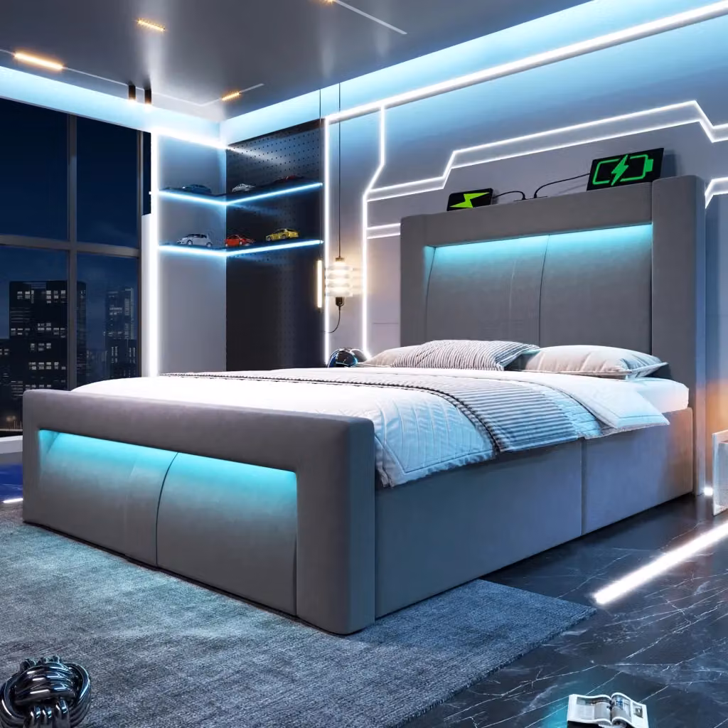Letto Contenitore REDOM in Velluto Grigio con LED e Porte USB/Type-C, L/P: 90 x 200 cm – 2