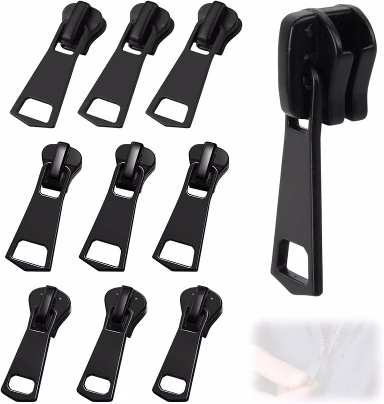 Kit di riparazione per cerniere, composto da 9 cursori metallici di diverse dimensioni, adatti per abbigliamento e borse
