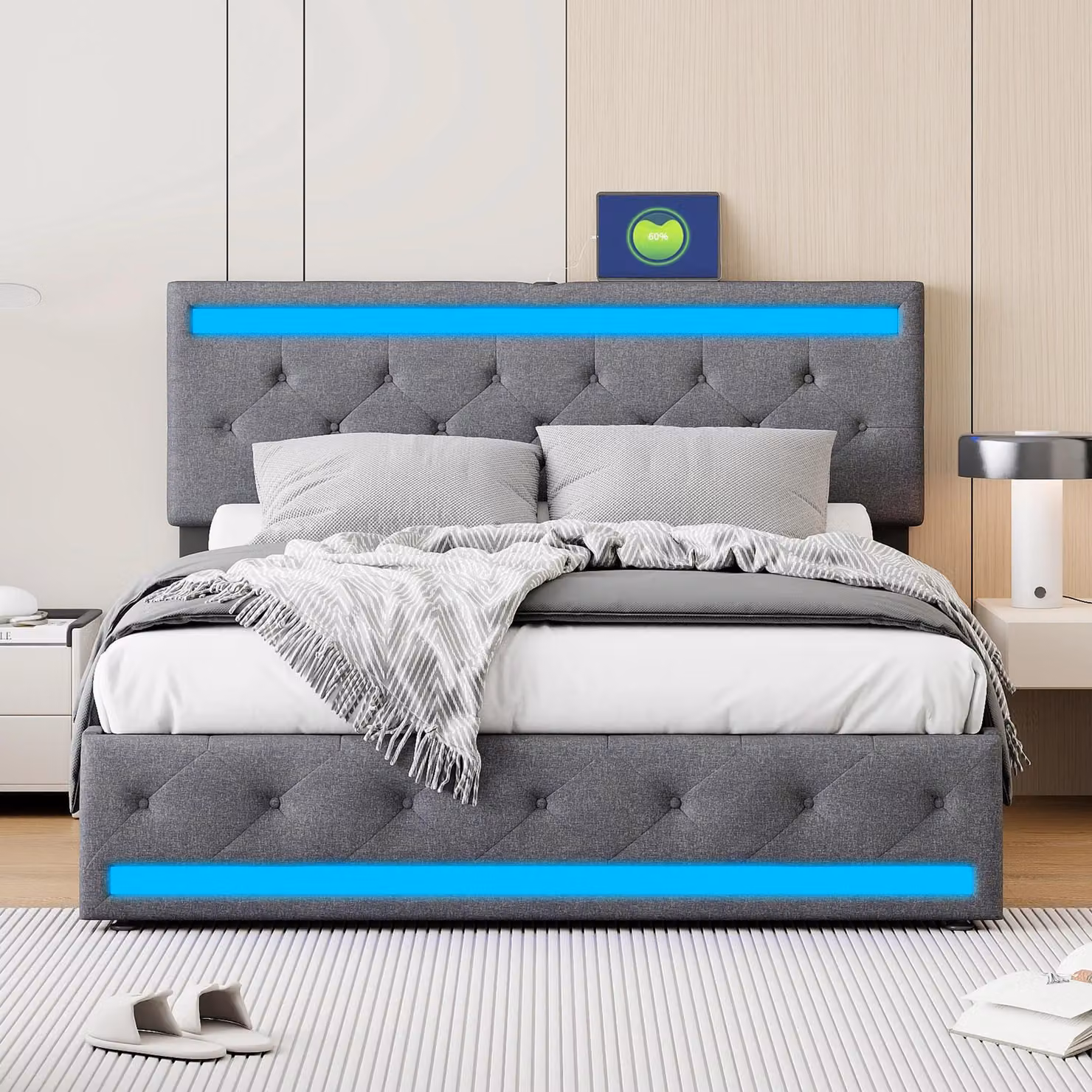 Letto imbottito con contenitore - Struttura del letto con spazio contenitore - 4 cassetti - 140 x 200 cm - Grigio scuro - Rivestito in tessuto di lino - Senza materasso