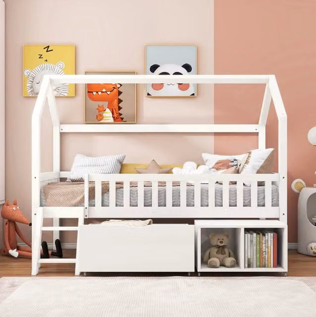 Letto per bambini a casetta 90x200 cm con cassetti e sponde in legno di pino; bianco