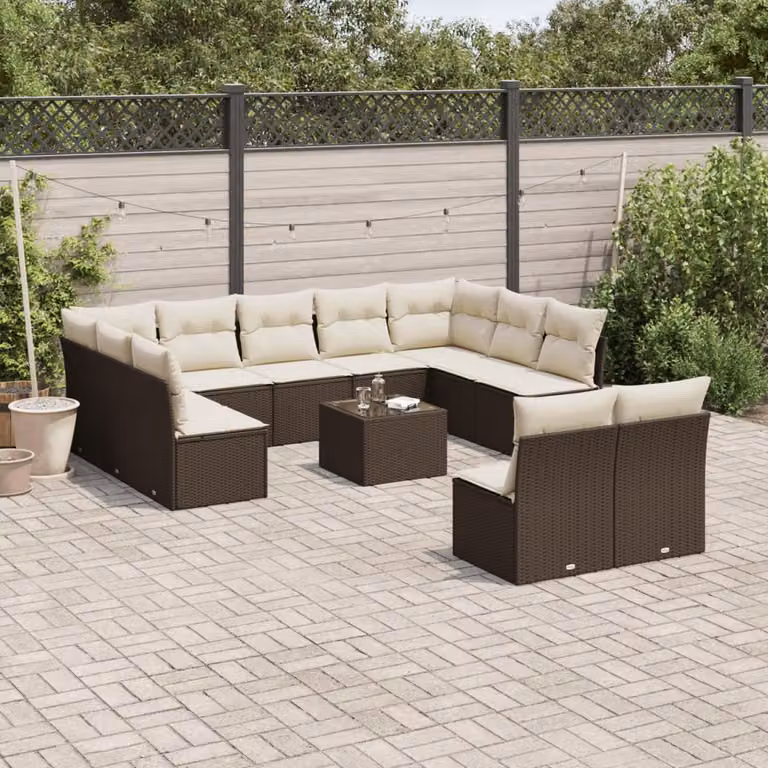 Set di Divani da Giardino vidaXL 12 pz a forma di U in Polyrattan Marrone con Cuscini e Tavolino da Esterno