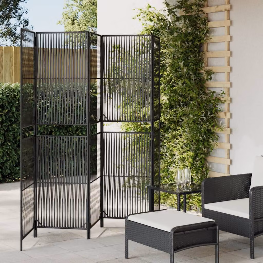 Divisorio per ambienti vidaXL a 5 pannelli in polyrattan e metallo nero opaco H: 180 cm, L: 245 cm