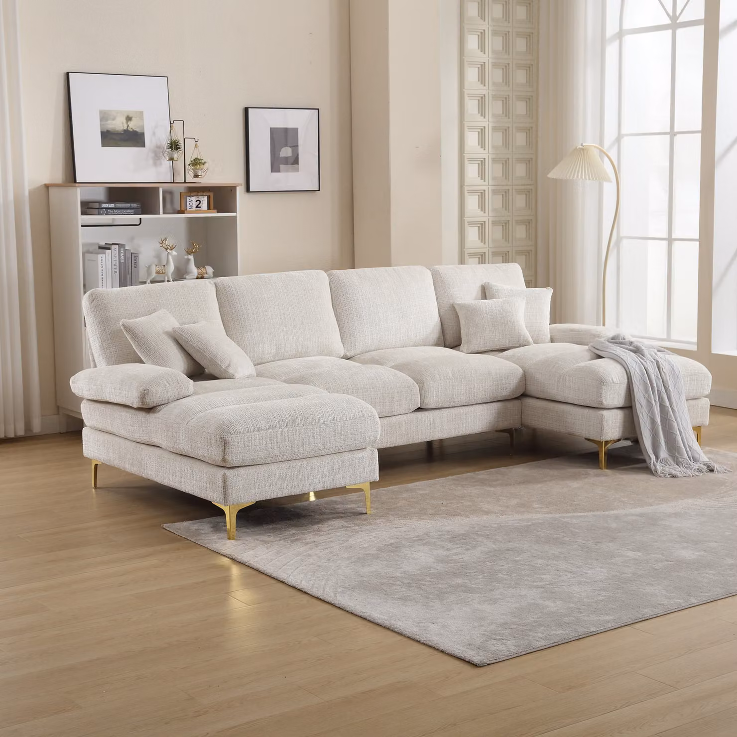 Divano Moderno a forma di U con Doppi Sedili Reclinabili in Chenille Beige Aosom Italy L: 272 cm, P: 136 cm, H: 88 cm – 2