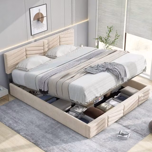 Letto 140x190cm - Xylo - Beige, Tessuto olandese in velluto, Senza materasso