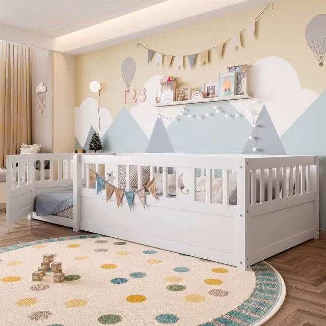 Letto a baldacchino per bambini bianco in pino con rete di sicurezza 90x190 cm