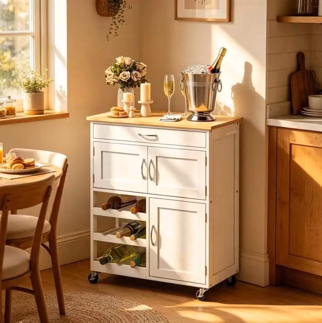 Carrello da cucina con cassetto; 3 ante e portabottiglie; MDF e legno di gomma; bianco