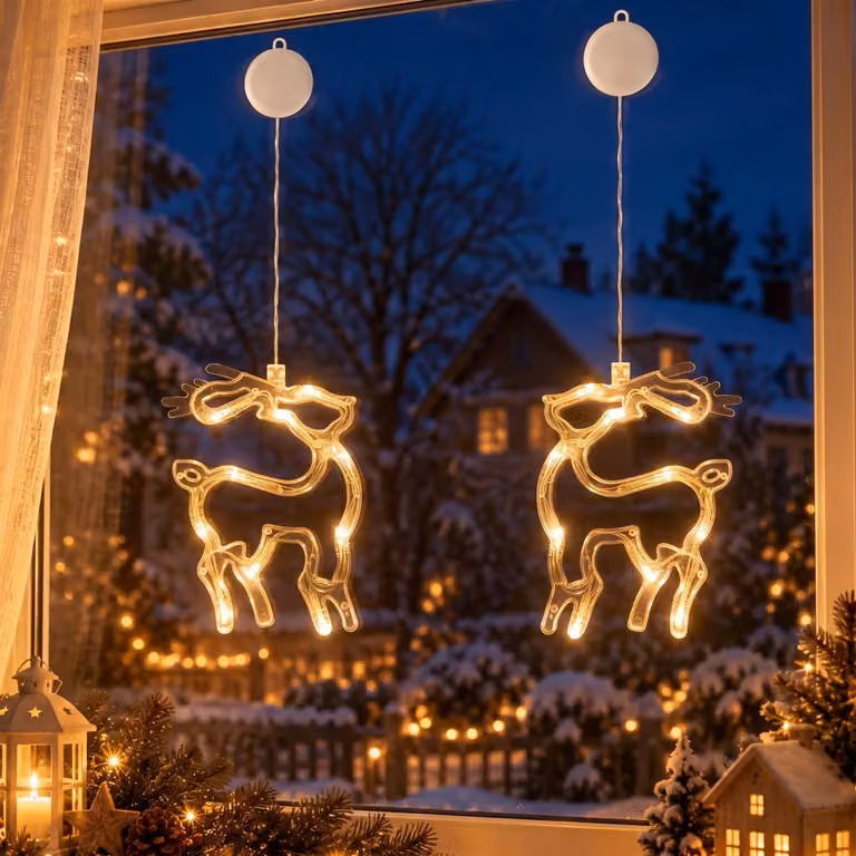 2-pack LED finestra fata luci con gancio di aspirazione a batteria decorazione di Natale festa decorazione, renna