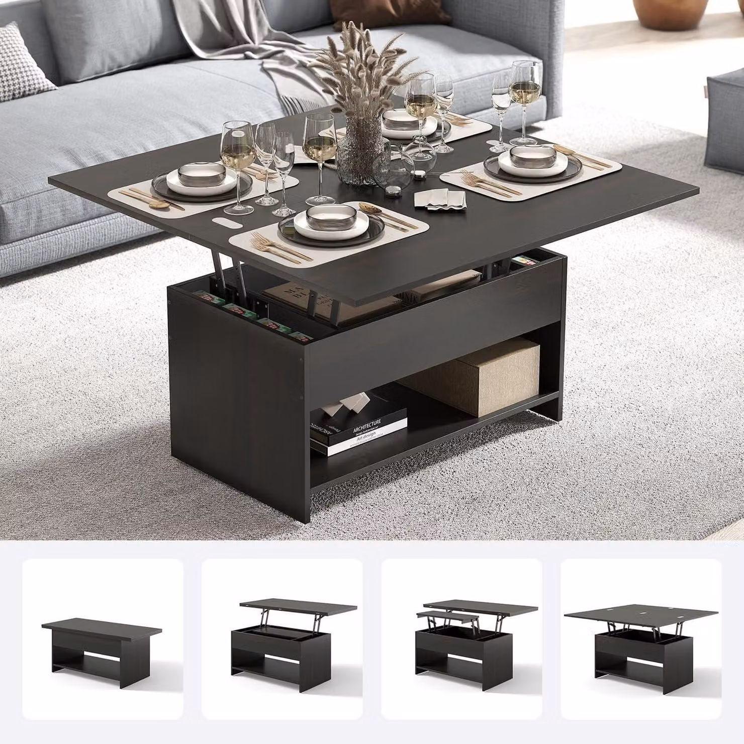 Tavolino regolabile in altezza, 3-in-1, color marrone fumo, tavolino da caffè con spazio contenitivo