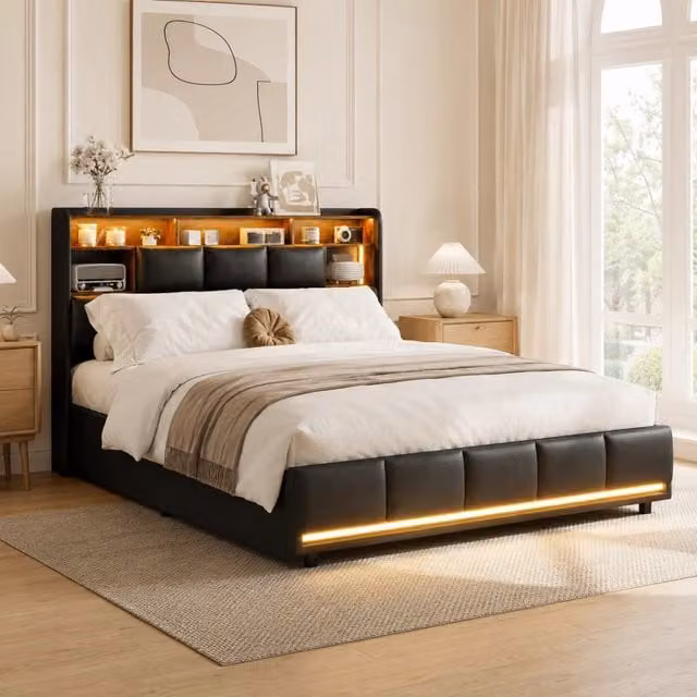 Letto matrimoniale con contenitore idraulico, testiera con vani, LED RGB, pelle sintetica nera, 140x190 cm, con porte USB e presa di corrente