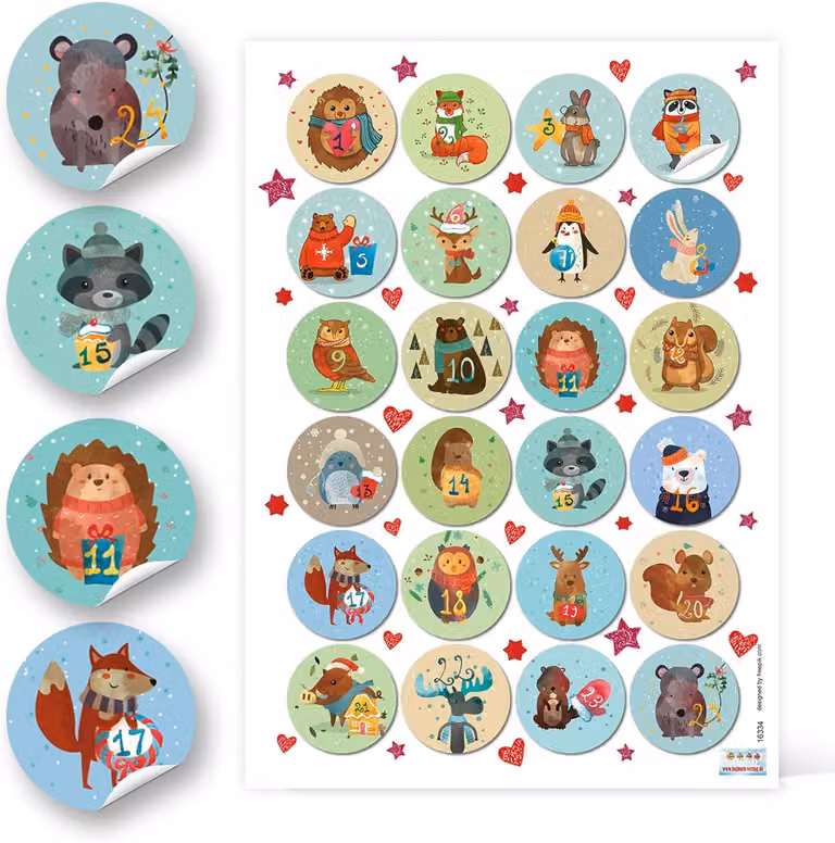 Adesivi con numeri da 1 a 24 per l'avvento, ideali per bambini, diametro 4 cm: adesivi rotondi con numeri e motivi di animali - Autoadesivi - Etichette per calendario dell'avvento