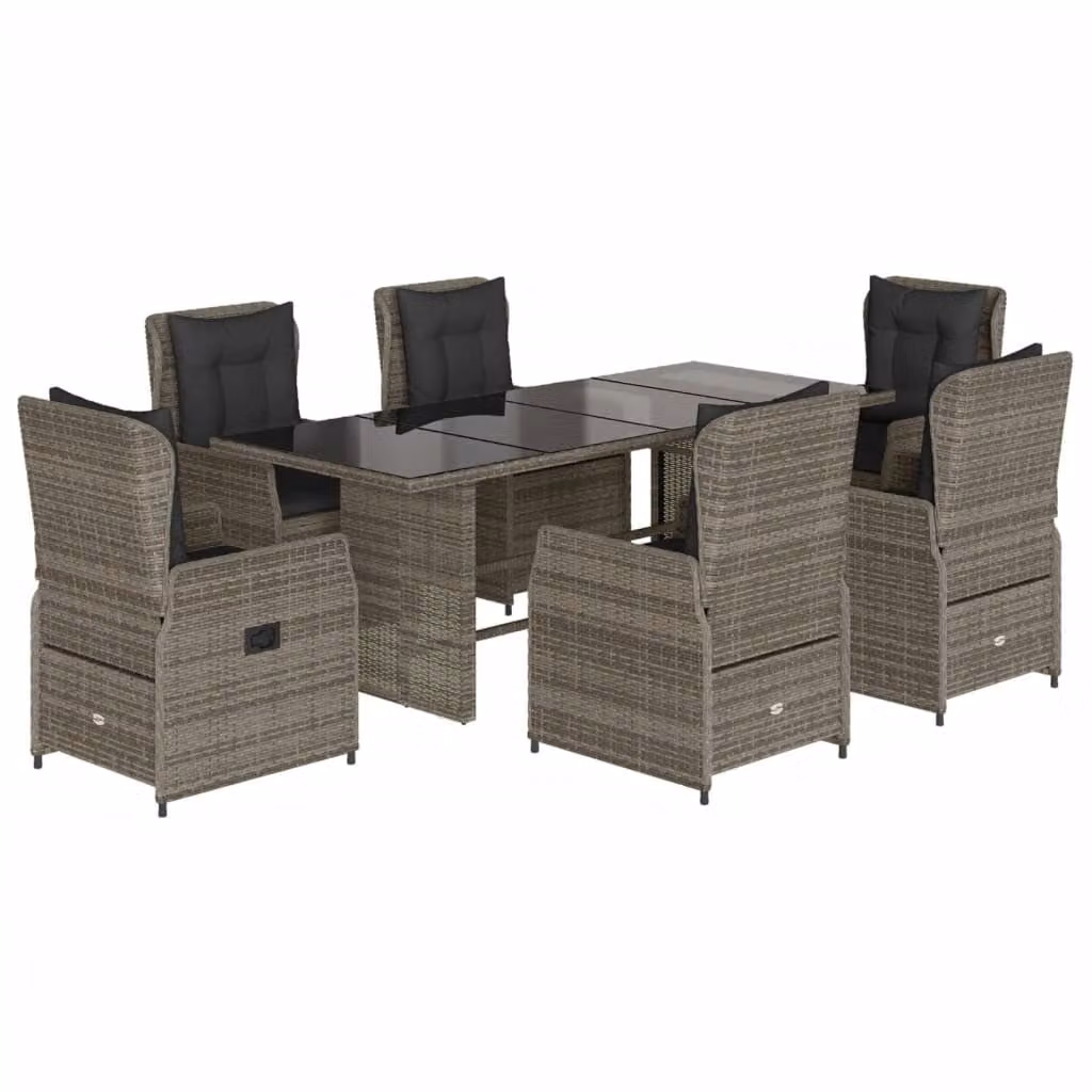 Set da Pranzo da Giardino 7 pz con Cuscini in Polyrattan Grigio