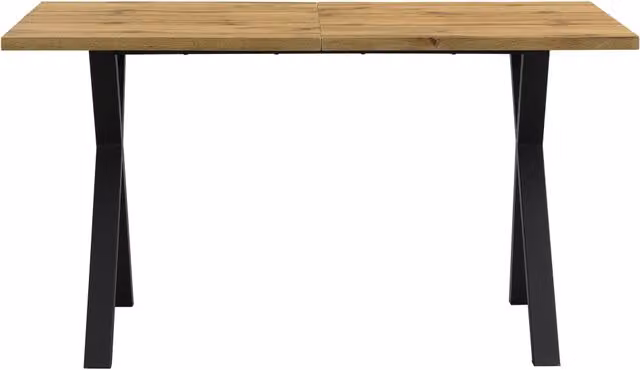 Tavolo da pranzo rettangolare L140xP80xH76 cm con gambe incrociate in metallo e piano in MDF colore rovere e nero