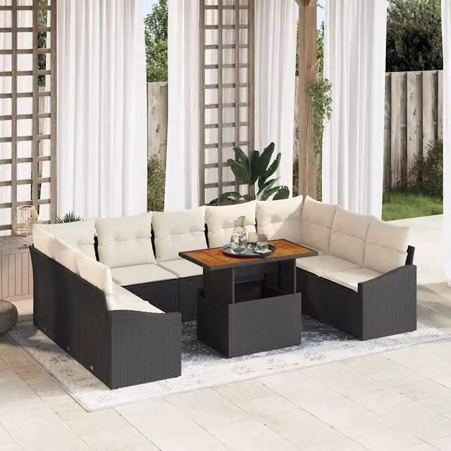 Set Divano da Giardino 10 pz Nero e Crema 3349879