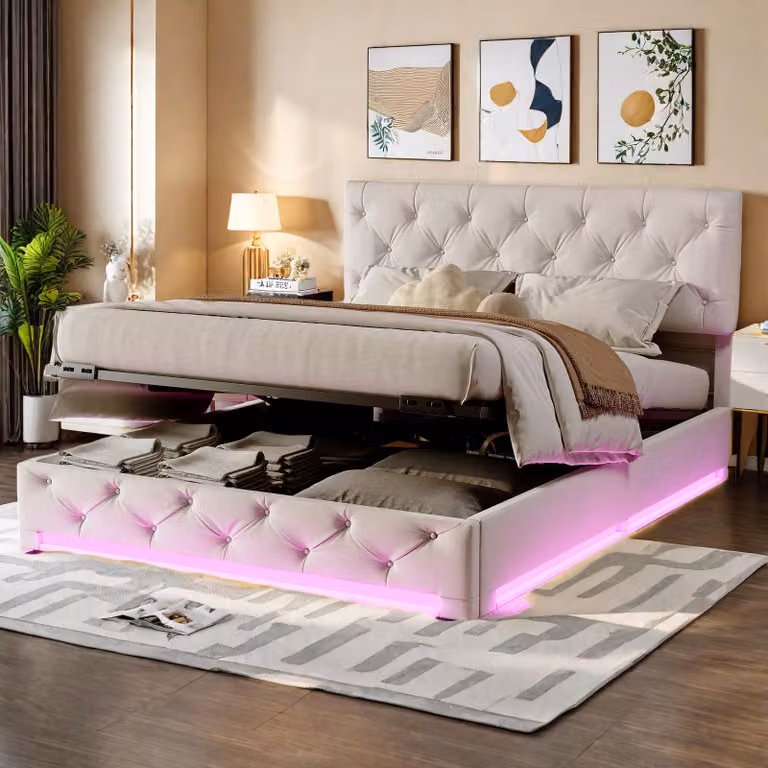 Letto imbottito ProximaX con LED, letto a molle idrauliche 160x200cm con rete a doghe e contenitore, letto matrimoniale in legno letto per ragazzi, biancheria, beige