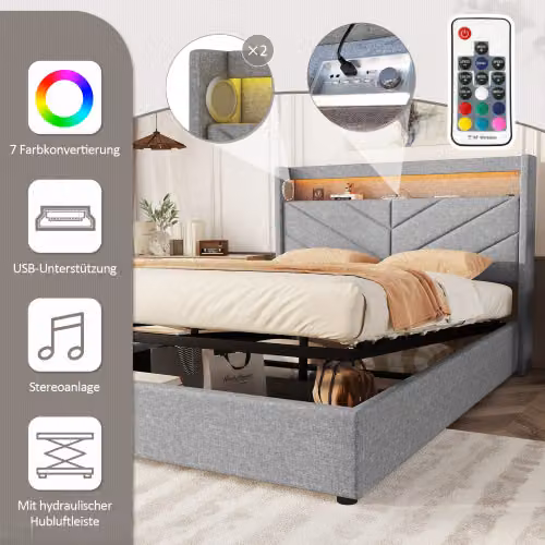 AIORBER Letto imbottito 140x200cm con rete a doghe, letto a molle insacchettate idraulico con contenitore, illuminazione ambientale LED regolabile, impianto stereo, lino, grigio