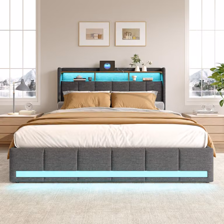 Letto imbottito Fortuna Lai 180x200 con rete a doghe，Elegante letto a molle insacchettate con vano contenitore, 4 cassetti, illuminazione LED individuale, connessioni USB e tipo C, design moderno grigio per un comfort ottimale