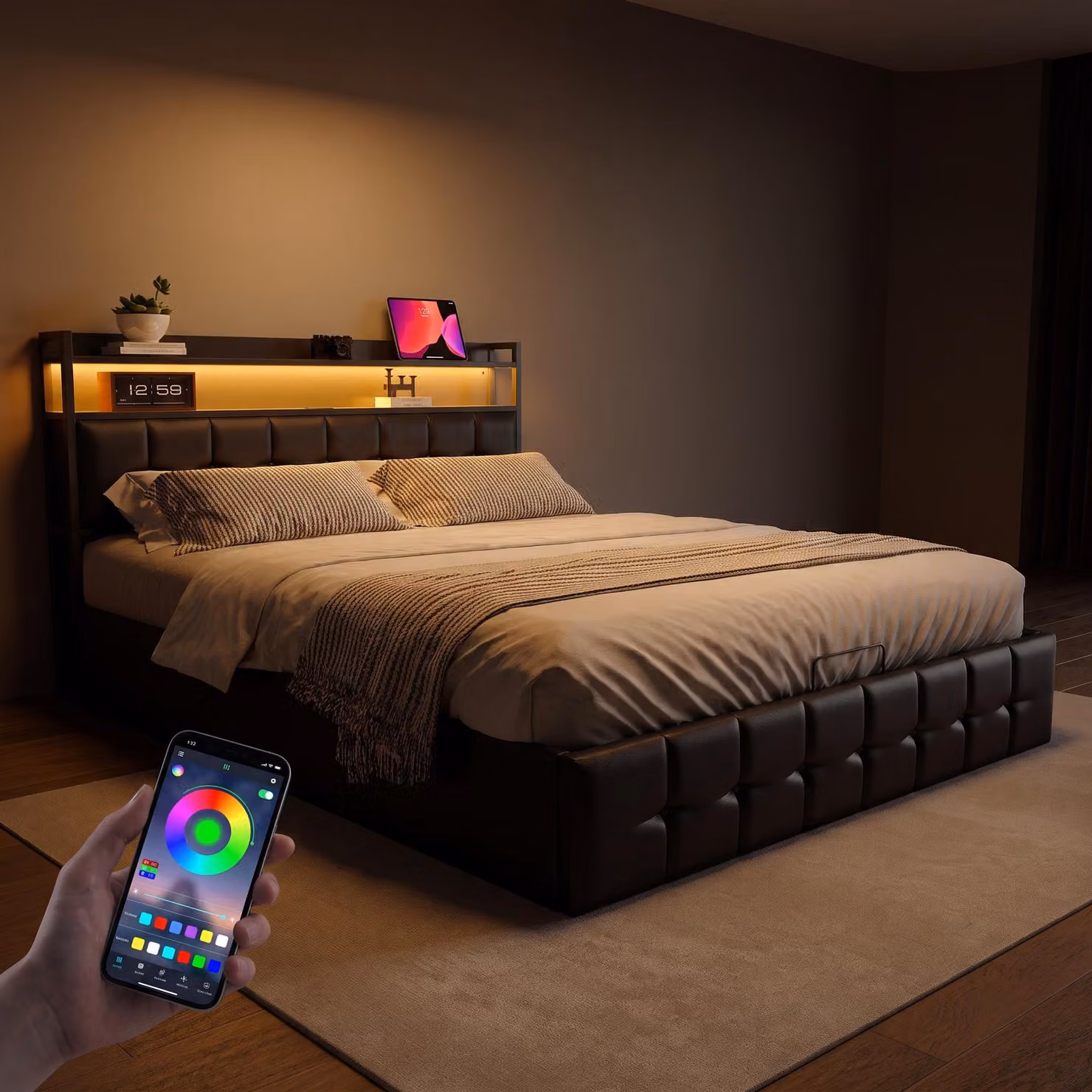 Letto con boxspring INONEFT, 140x190 cm, con LED e USB, letto con sistema di sollevamento idraulico e spazio contenitore, struttura letto imbottita con rete a molle/spazio contenitore, letto matrimoniale, in PU, colore nero