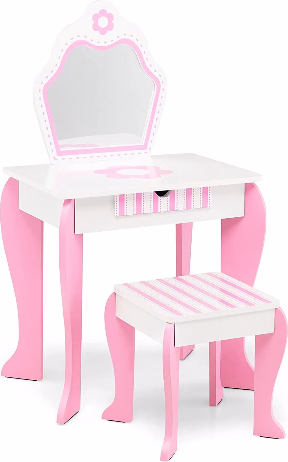 COSTWAY set tavolo da trucco e sgabello per bambini, tavolo da trucco con sgabello, specchio e cassetto rimovibili, set tavolo da trucco 2 in 1 per bambini da 3 a 7 anni con simpatici motivi floreali