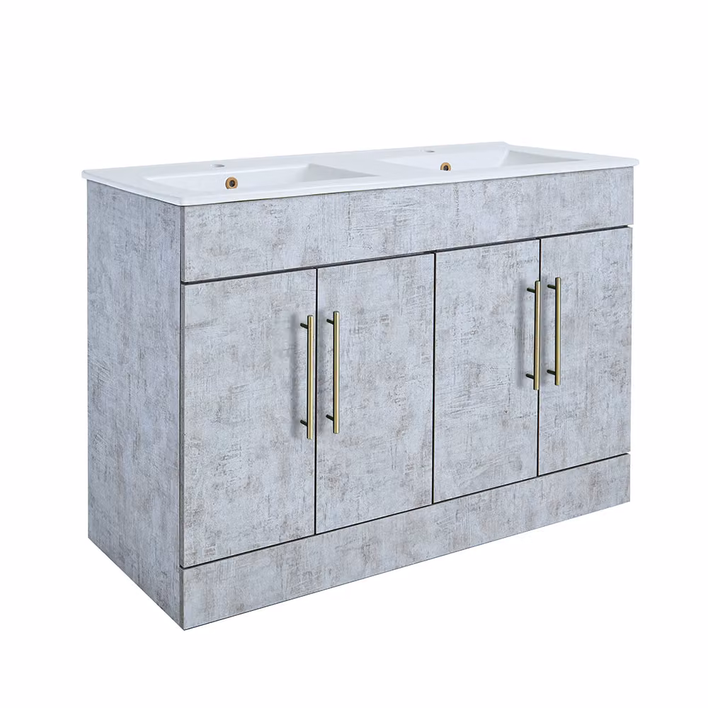 Mobile Bagno a Terra Grigio Cemento da 1210mm con Doppio Lavabo e Maniglie con Barra a T in Oro Satinato - Cluo