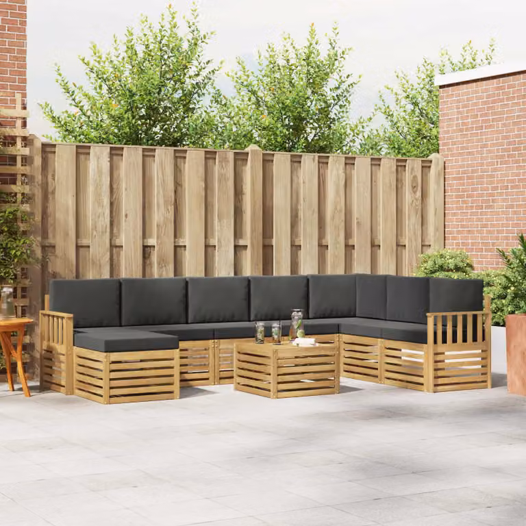 vidaXL Set di divani da esterno a L composto da 9 pezzi in legno di acacia con cuscini Bianco e Antracite