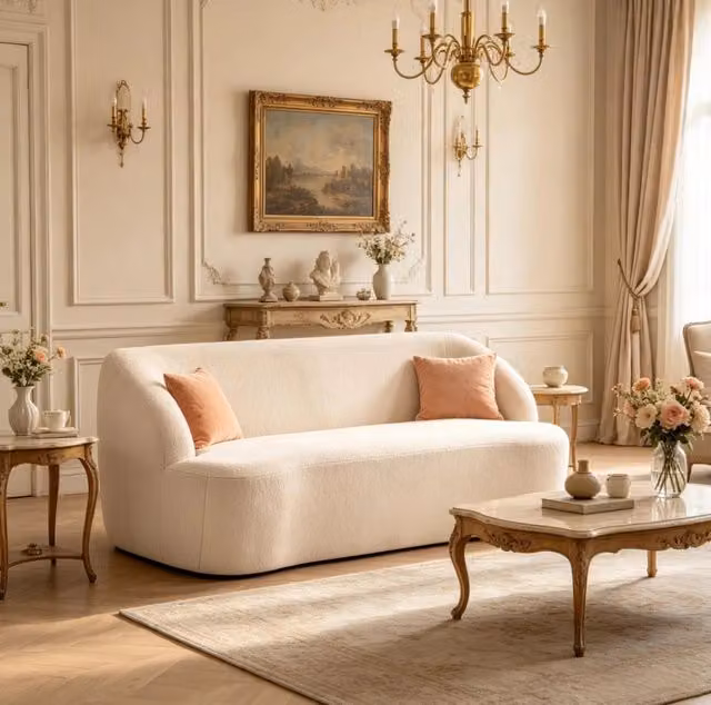 Divano 2 posti in tessuto boucle beige 142x85x73,5 cm con schiuma ad alta densità e schienale curvo, senza montaggio