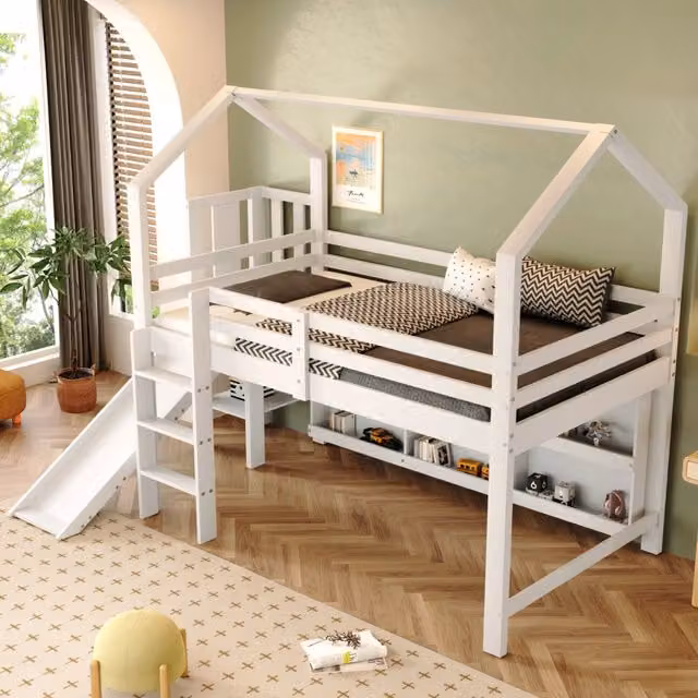 Letto singolo multifunzionale per bambini con scivolo, armadio e scaffali, bianco, 90 x 200 cm