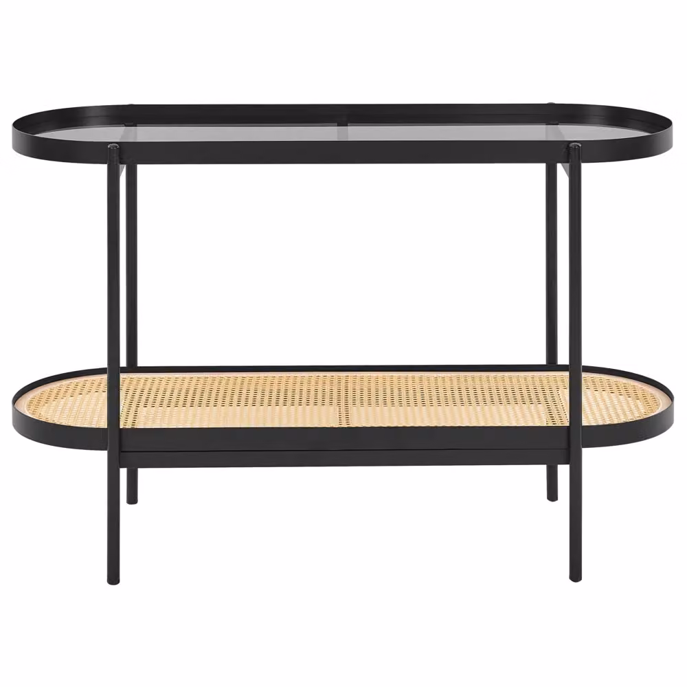 Tavolo consolle BELIANI moderno con piano in vetro ovale e ripiano in rattan nero L: 120 cm, P: 50 cm, H: 76 cm – 2