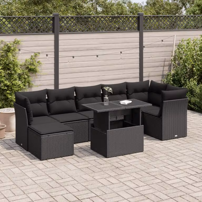 Set di divani da giardino vidaXL in polyrattan nero con 8 cuscini e struttura in metallo