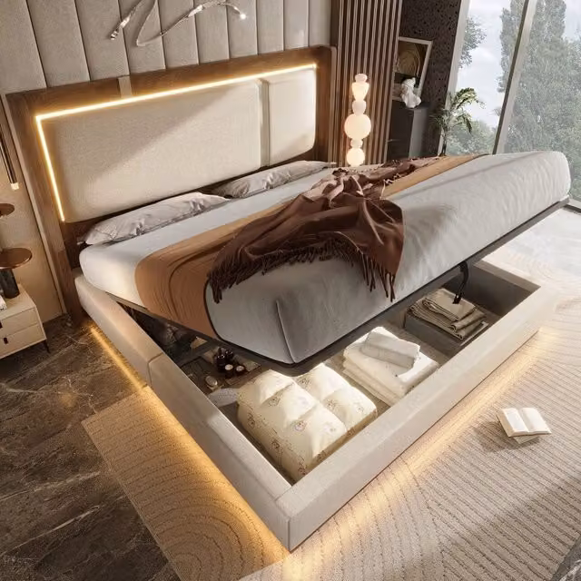 Letto imbottito matrimoniale contenitore ¨C Minimal ¨C 140x200 cm, beige, tessuto lino, noce, rete a doghe, LED, sistema idraulico, senza materasso