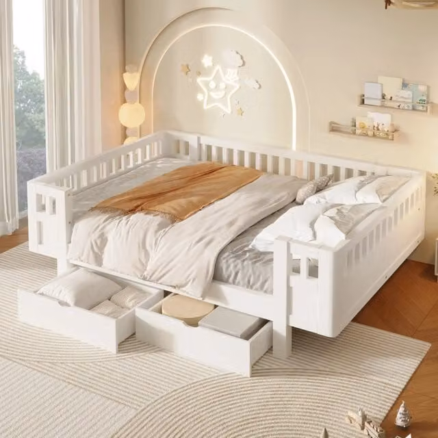 Letto per bambini 140 × 200 cm con barriera alta e 2 cassetti, senza materasso, in pino e MDF, bianco
