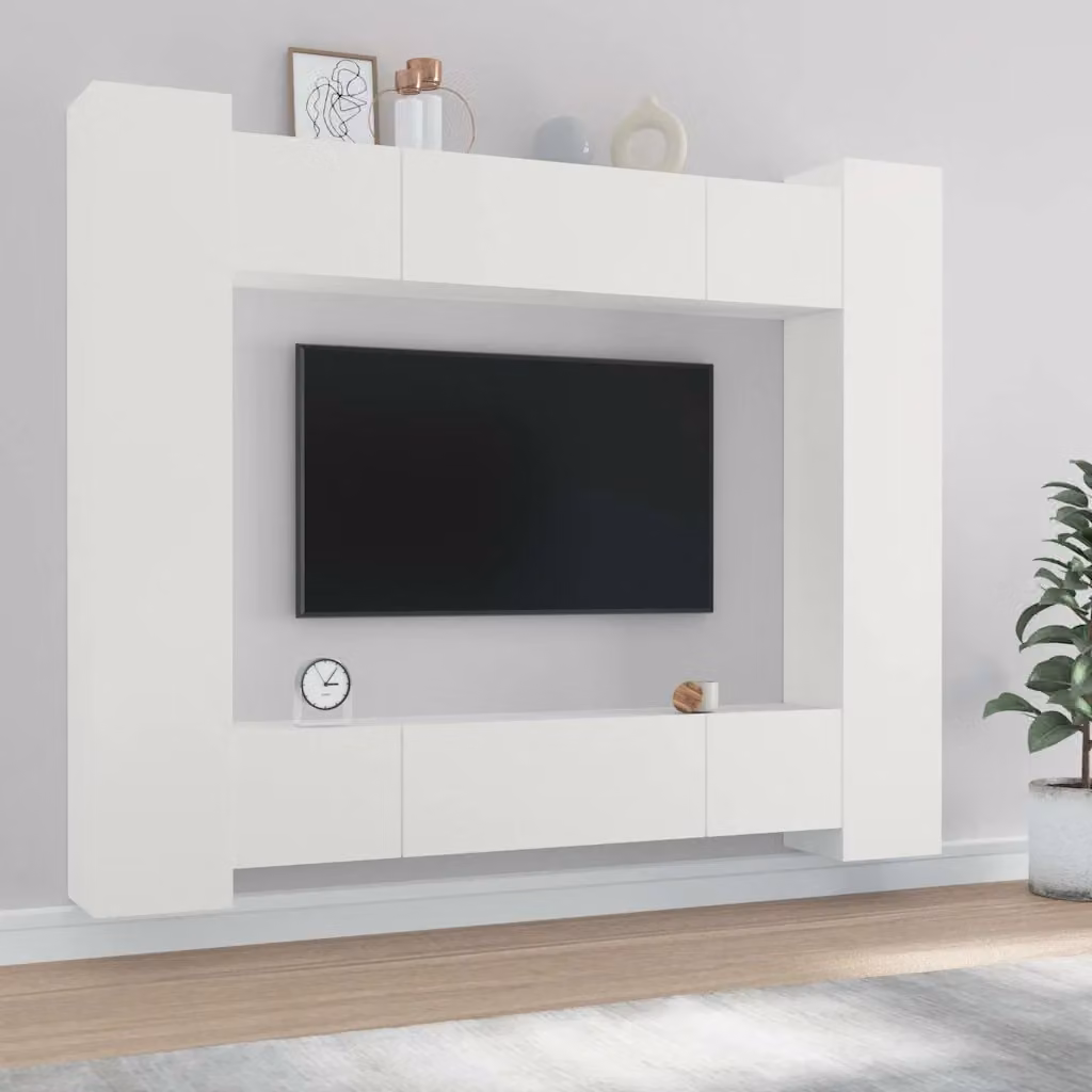 Set di mobili porta TV da 8 pezzi vidaXL in legno e MDF bianco per soggiorno, modello a parete – 1