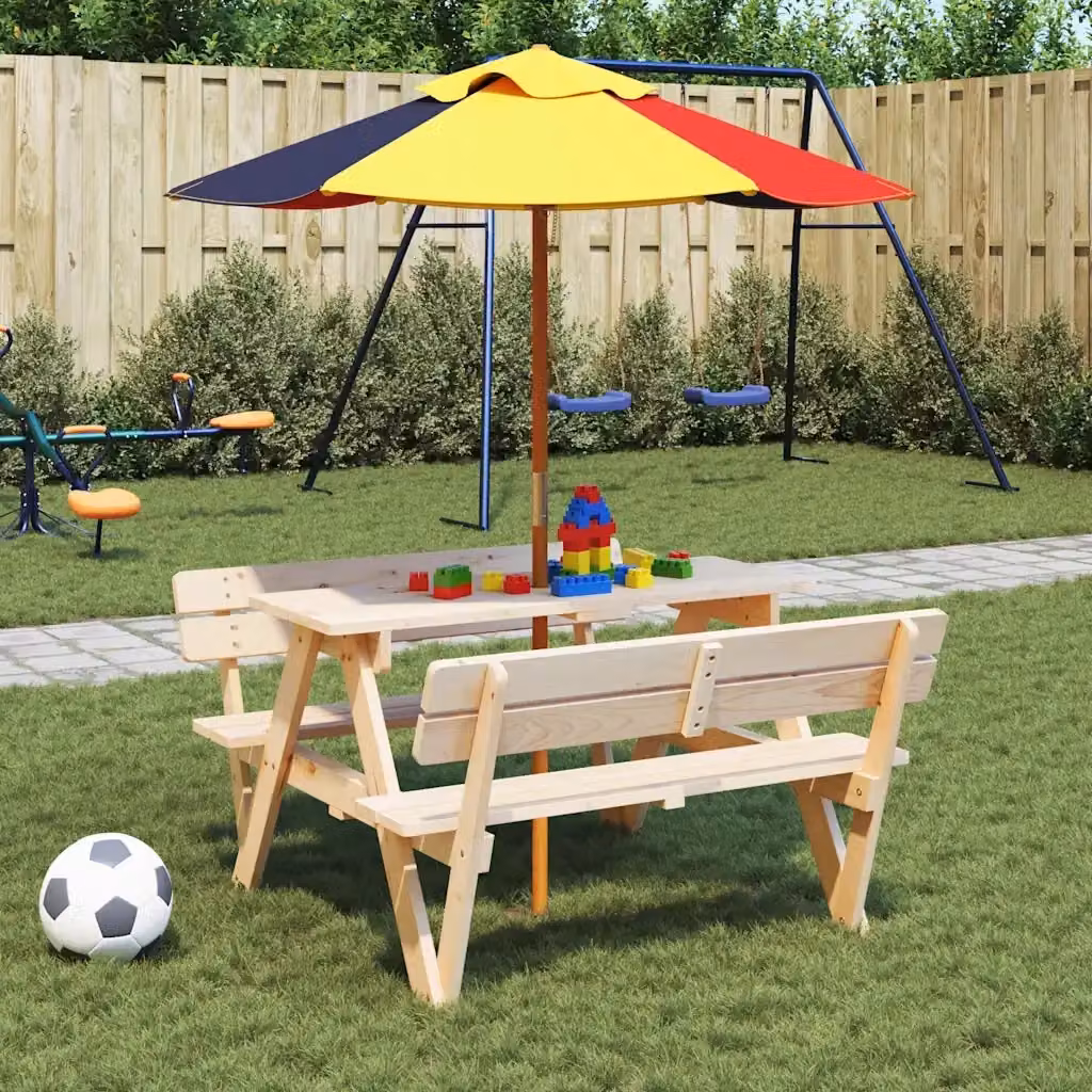 Tavolo da Picnic per 4 Bambini con Ombrellone in Legno di Abete Multicolore L: 108 cm, P: 80 cm, H: 54 cm – 2