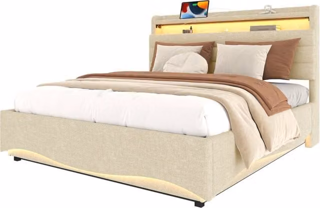Letto contenitore matrimoniale beige con illuminazione LED, porte USB e Type-C, vano idraulico e ripiano laterale, L/P: 140 x 200 cm – 1